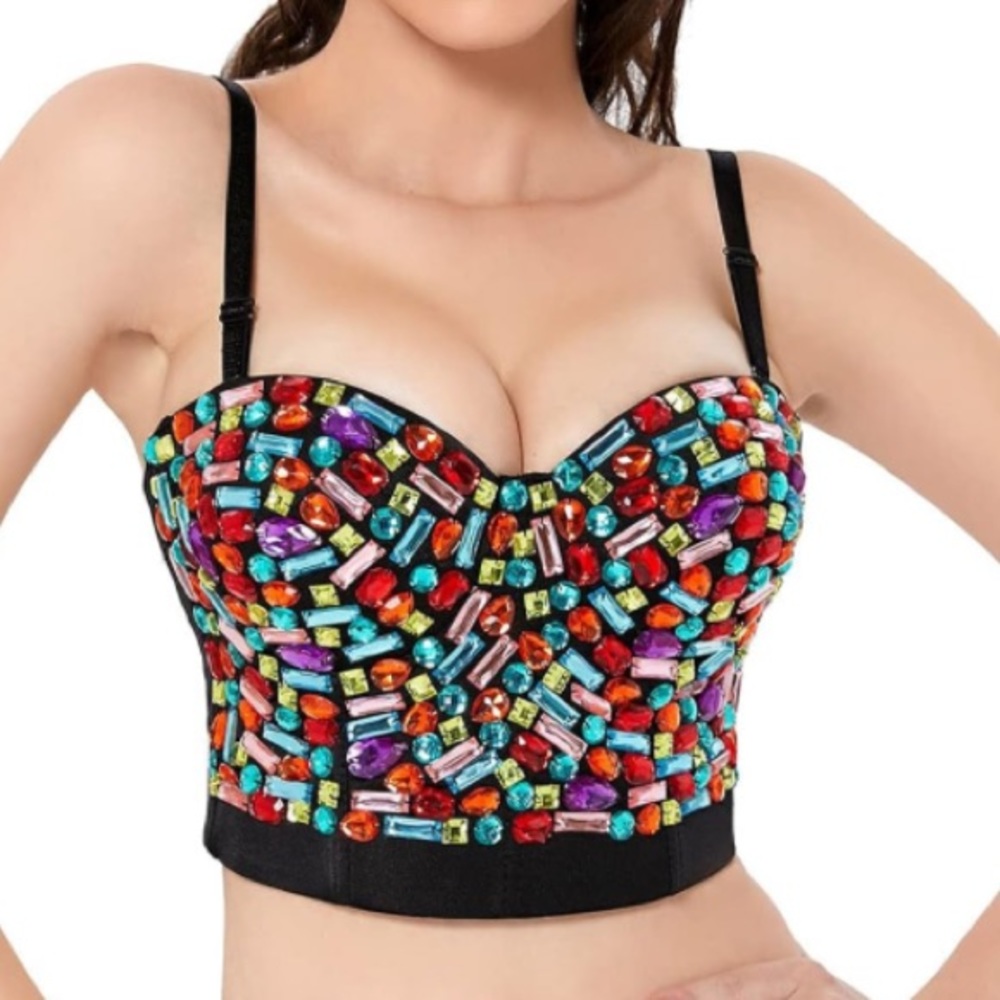 Charmain Colorful Rhinestone Bejeweled Bustier Push-Up Crop Top
